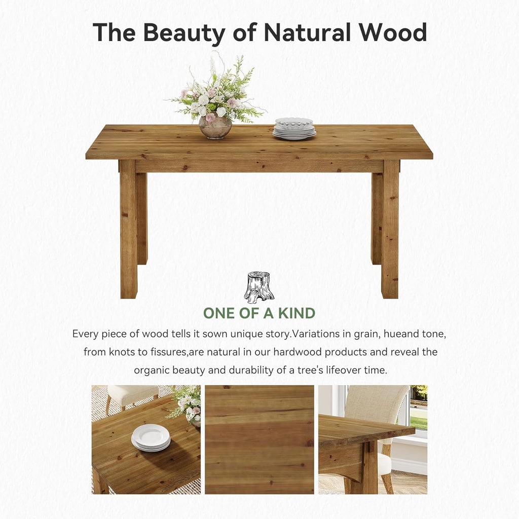 Solid Wood Dining Table for 4-6 People, 63-Inch Farmhouse Kitchen Table with Rich Grain and Texture, Wooden