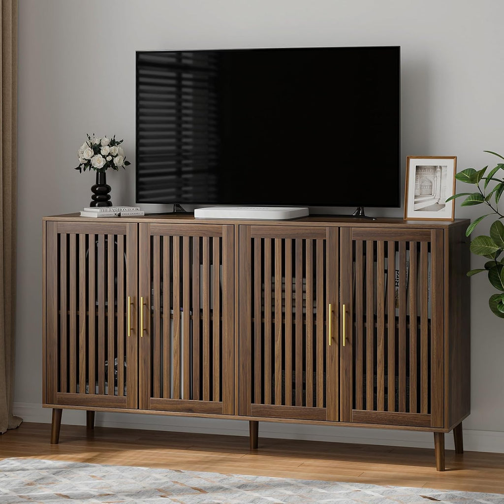 Buffet Cabinet with Storage, 63" Walnut Sideboard with Grille Doors&Adjustable Shelf