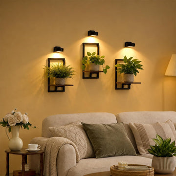 Wall Planters with Grow Lights, Set of 3 Floating Shelves for Indoor Plants, Bedroom, Living Room, Kitchen, Bathroom