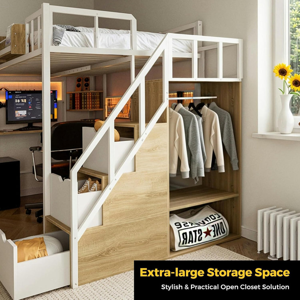 Twin Loft Bed with Desk, Storage Stairs & Wardrobe, Metal Loft Bed Frame w/Headboard, Bedside Shelf