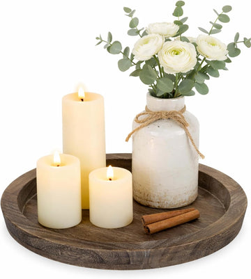 Candle Plate Holder Tray: Round Wood Decorative Candle Plate - Rustic Farmhouse CoffeeTable Decor