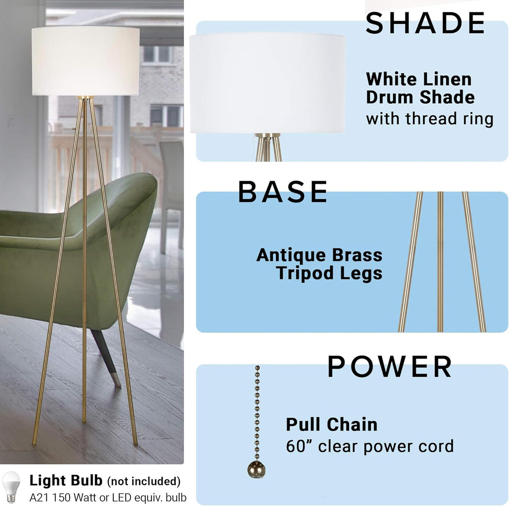22965-000 Mid-Century Modern Tripod Floor Lamp, Standing Lamp, Living Room Floor Light, LED Bulb NOT Included, 61.25"