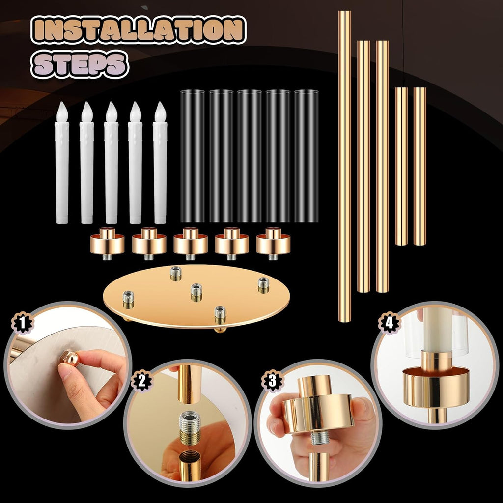 2 Set Gold Candelabra Centerpieces for Tables, 26.8 Inch 5 Arm Candle Holders with LED Candles and Acrylic Cylinders
