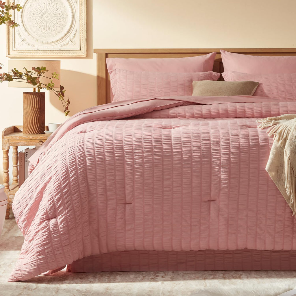 Comforter Sets 7 Pieces, Pink Seersucker Bed in a Bag Set, All Season Luxury Bedding Sets with Comforter