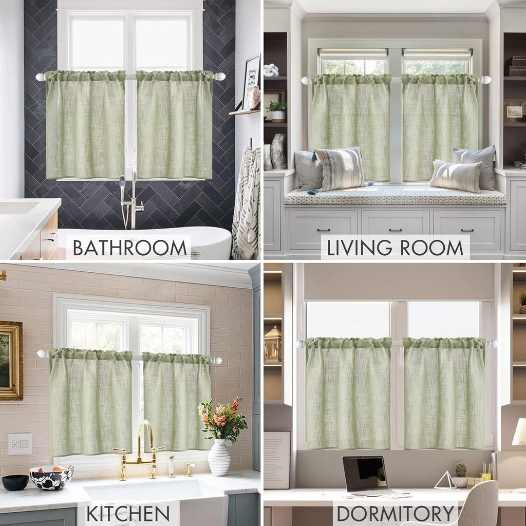 Spring Linen Textured Kitchen Window Curtains over Sink Semi Sheer Farmhouse Small Curtains for Cafe
