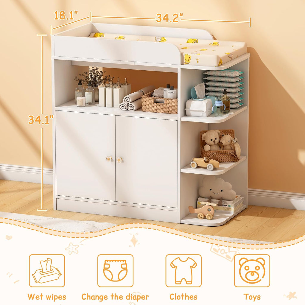 Changing Table Dresser, Baby Dresser with Changing Table Top, Diaper Changing Station with Large Cabinet, 4 Open