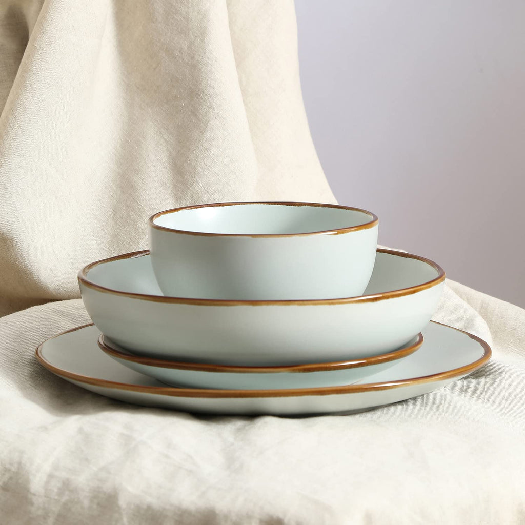 Lain Brasa Stoneware 16 Piece Modern Dinnerware Set, Plates and Bowls, Service for 4, Light Green, Microwave &