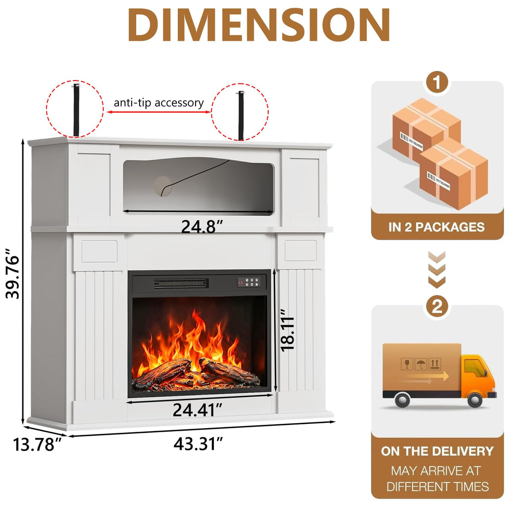 43" LED Lights Electric Fireplace with Mantel & 23Inch Insert Heater