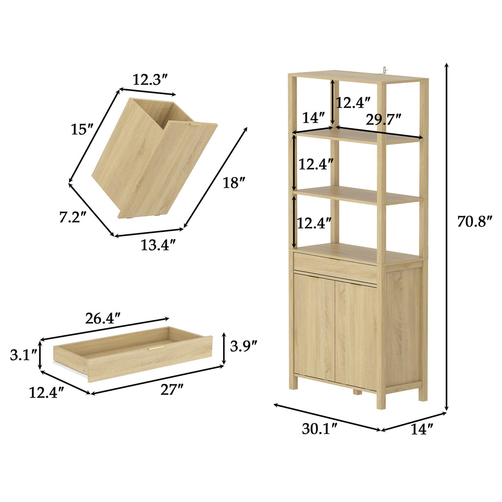 Double Tilt Out Laundry Hamper with Drawer, Hidden Laundry Hamper Cabinet with Open Shelves & 2 Tilt Out Trash