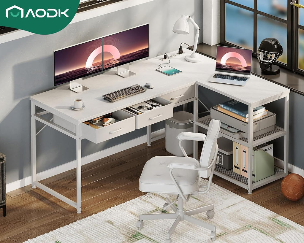 53 Inch L Shaped Computer Desk with Drawers, Corner Desk with Power Outlets & Reversible Storage Shelves Gaming, White