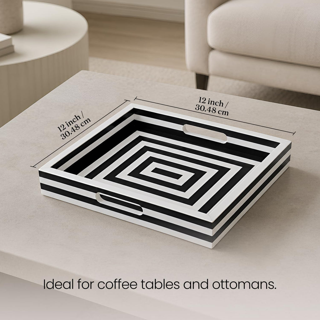 12x12 Decorative Tray for Coffee Table, Centerpiece & Vanity, Black and White Resin Inlay Concentric Pattern Inspired