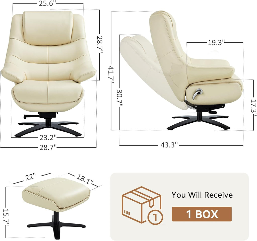 Modern Reclining Swivel Lounge Chair and Ottoman — White Genuine Leather
