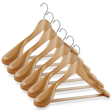 6 Natural Wide Shoulder Wooden Suit Hangers - Premium Lotus Wood, Non-Slip Pant Bar & Chrome Swivel Hook for Dress