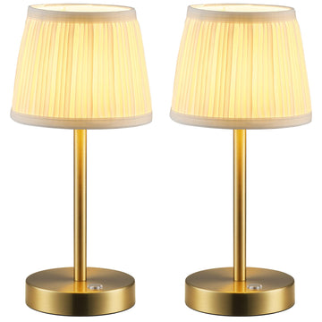 2 Pack Cordless Gold Table Lamps, Fabric Shade Bedside Small Lamp