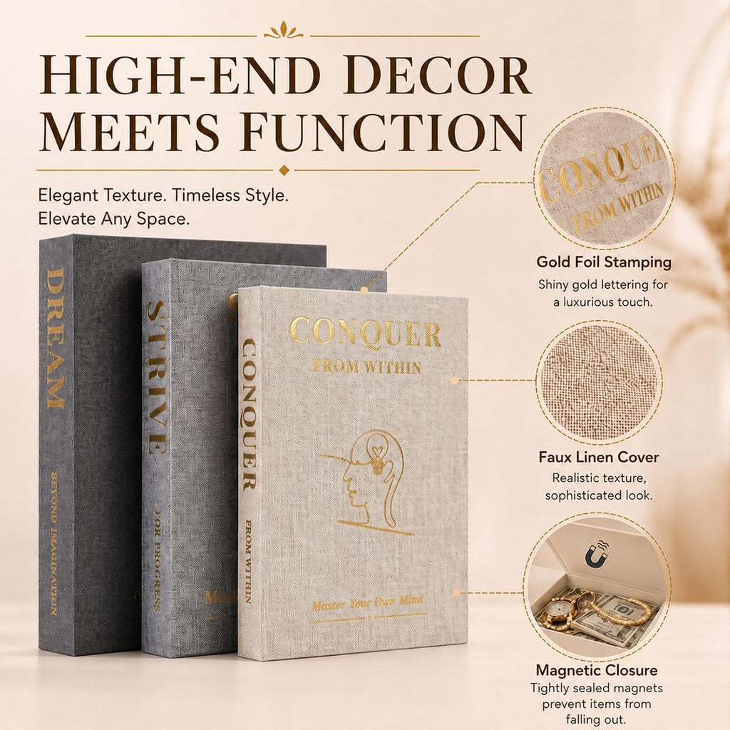 Coffee Table Books Decor, Set of 3 Neutral Linen Decorative Books with Gold Foil Inspirational Quotes for Desk