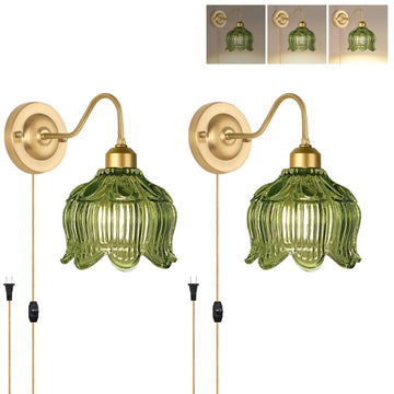 Vintage Plug in Wall Sconces Set of Two,Dimmable Wall Sconces Lights with Plug in Cord & Glass Lampshade,Gold Flower
