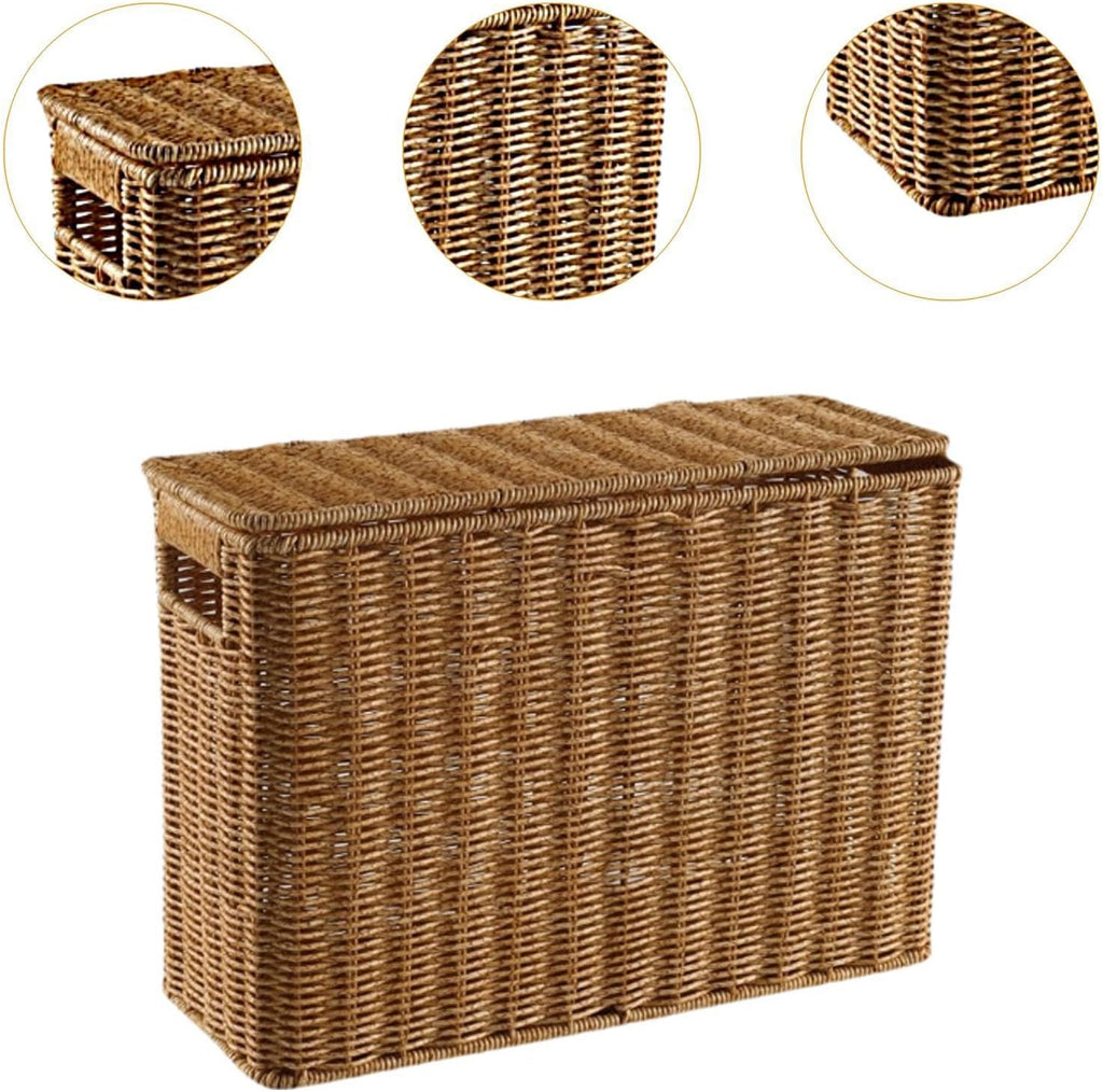 Narrow and Tall Storage Box Woven Storage Basket with Lid Lightweight Decorative Storage Bin with Handle Clothing, S