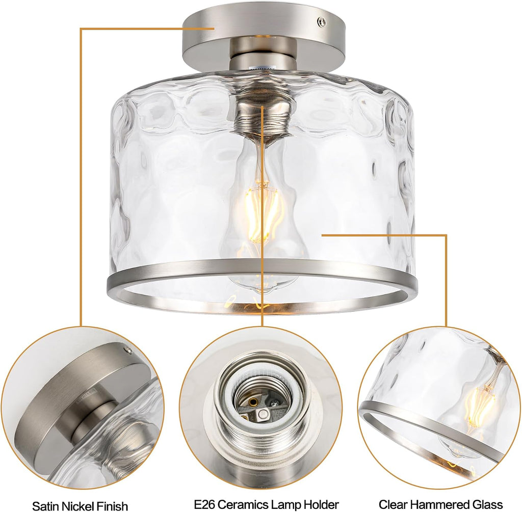 Modern Semi Flush Mount Ceiling Light with Industrial Clear Hammered Glass Lampshade, Farmhouse Ceiling Lights