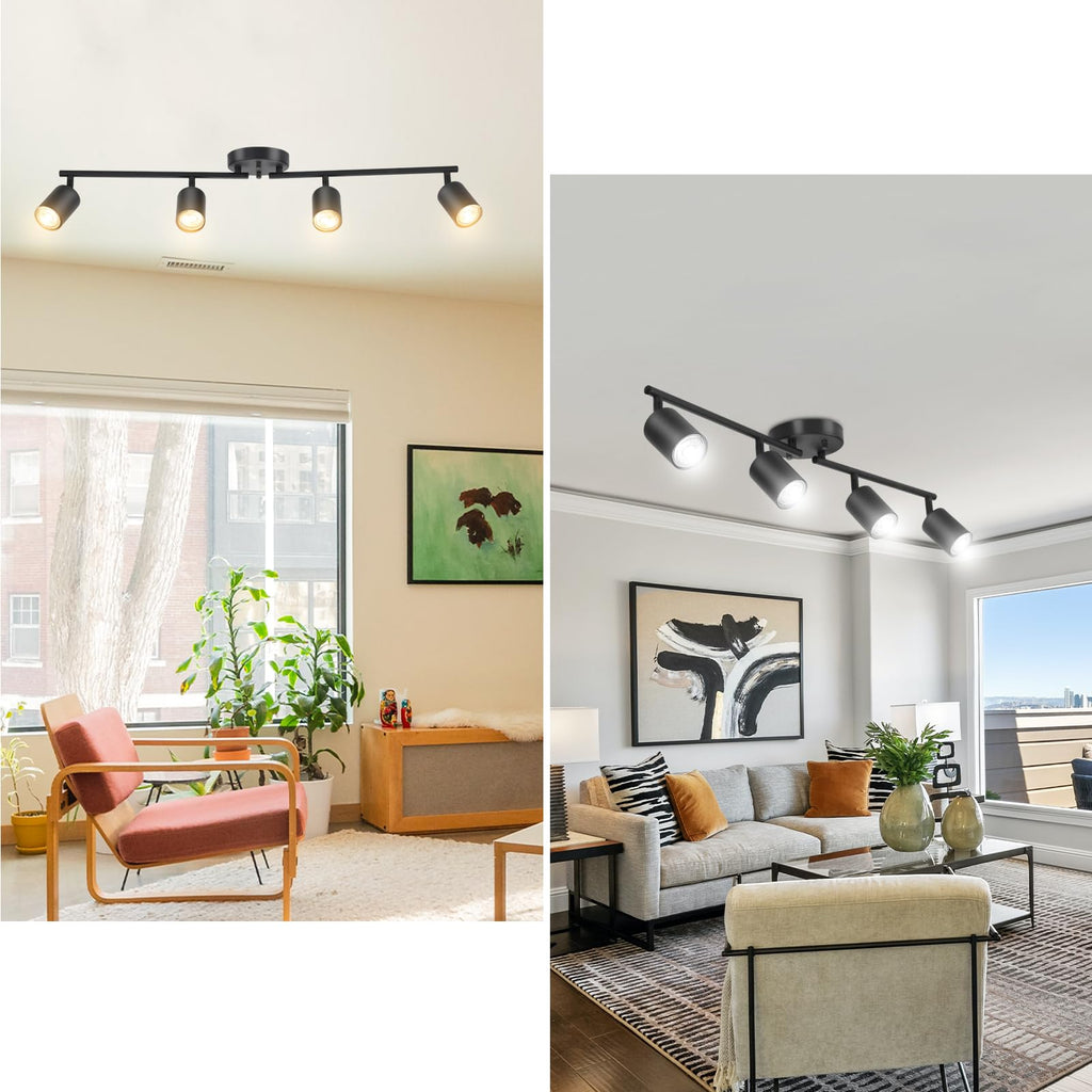 LED 4 Light Track Lighting Kit, Black 4 Way Ceiling Spot Lighting, Flexibly Rotatable Light Head, Bulb Not Included
