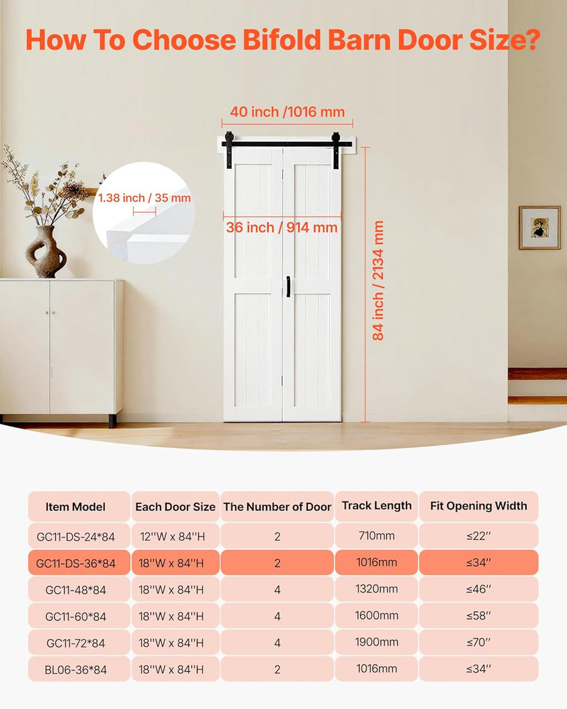 Bifold Barn Door, 36" x 84", MDF Bi-Fold Sliding Closet Doors, Header Board and Hardware Kit Include