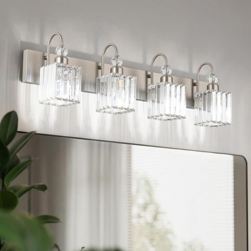 Crystal Brushed Nickel Vanity Light 4-Light Modern Bathroom Light Fixtures