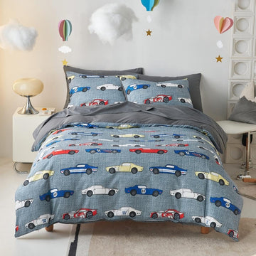 Race Car Bedding Set for Boys, Cute Colorful Sports Car Supercar Wheels Comforter Set with Sheets, 5 Pieces Kids Bed