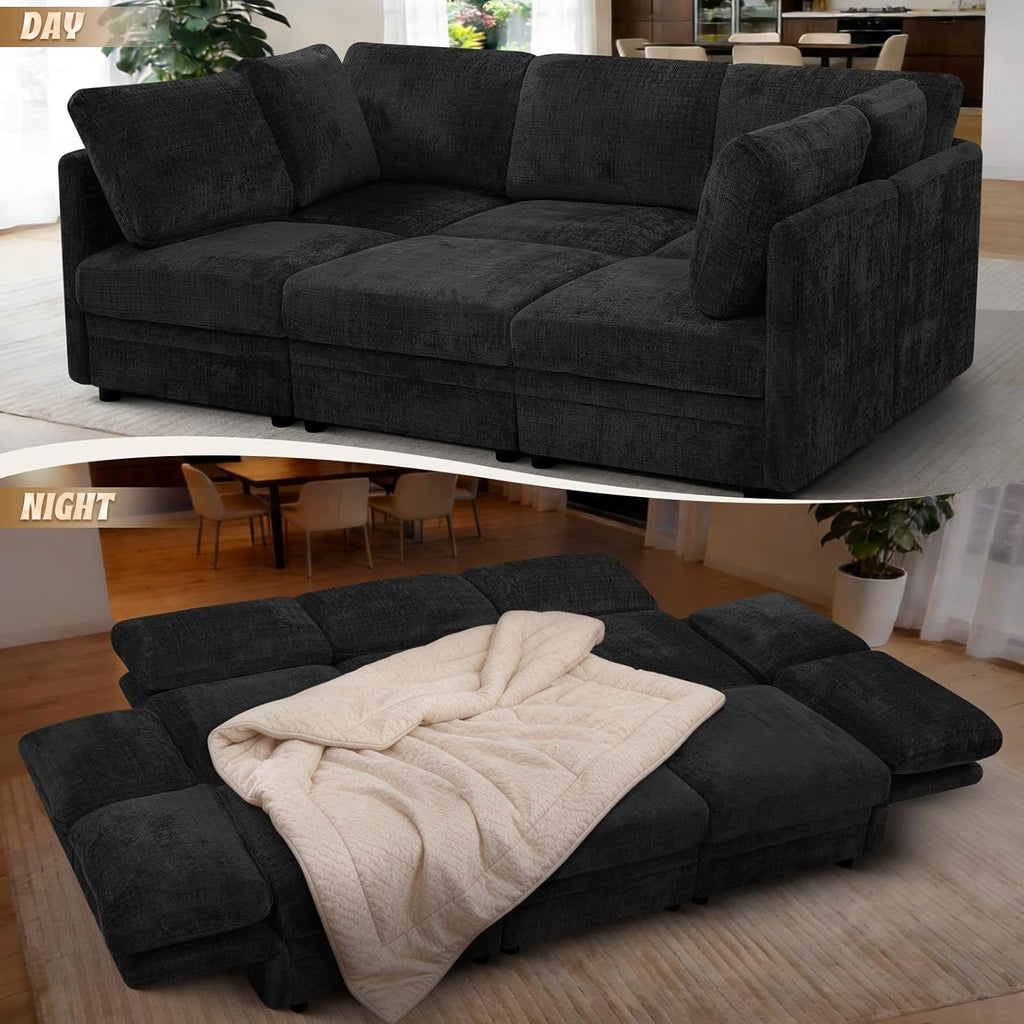 86'' Chenille Modular Couch with Removable Ottoman, 6 Seater Secional Sofa with Adjustable Backrests