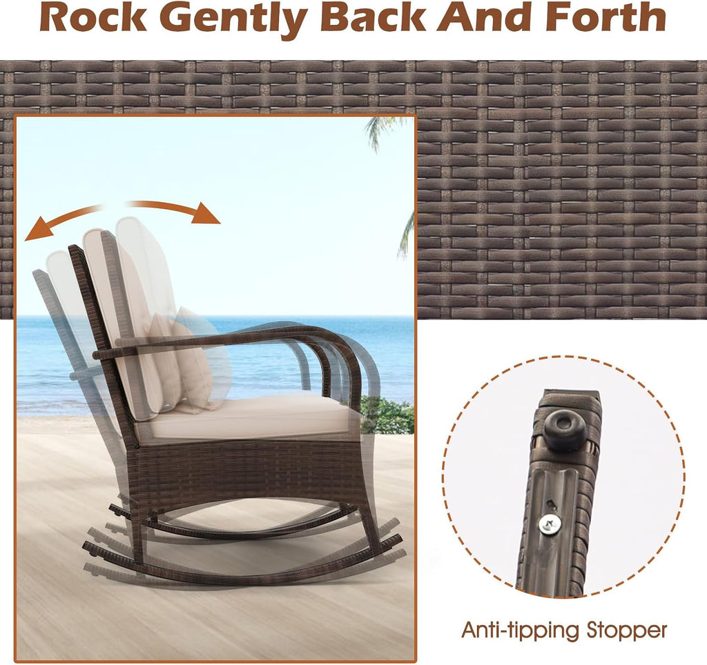 3 Pieces Outdoor Wicker Rocking Chair, Patio Furniture Set (Beige) | with Cushions, Pillows, Glass Coffee Table