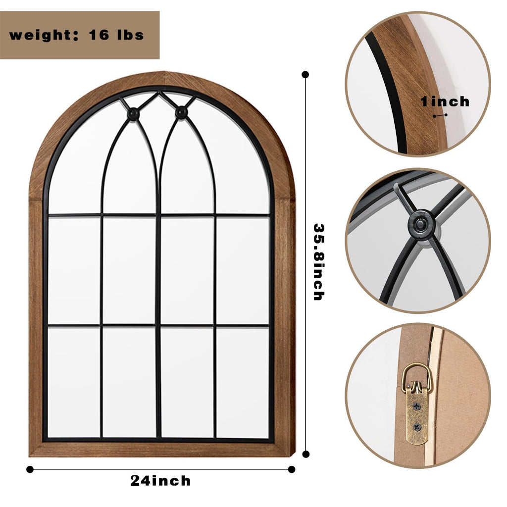 Arched Window Pane Mirror 36x24 Inch Wood Frame, Window Brown