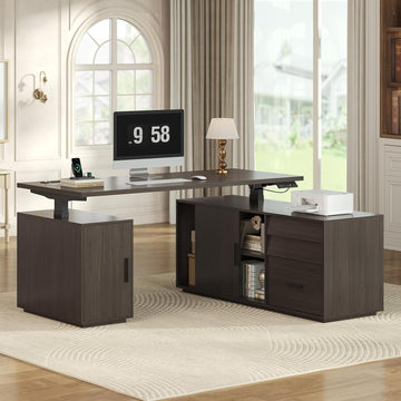 L Shaped Electric Standing Desk with 3 Drawers and Power Outlet, 55.1" x 47.2" Height Adjustable Home Office