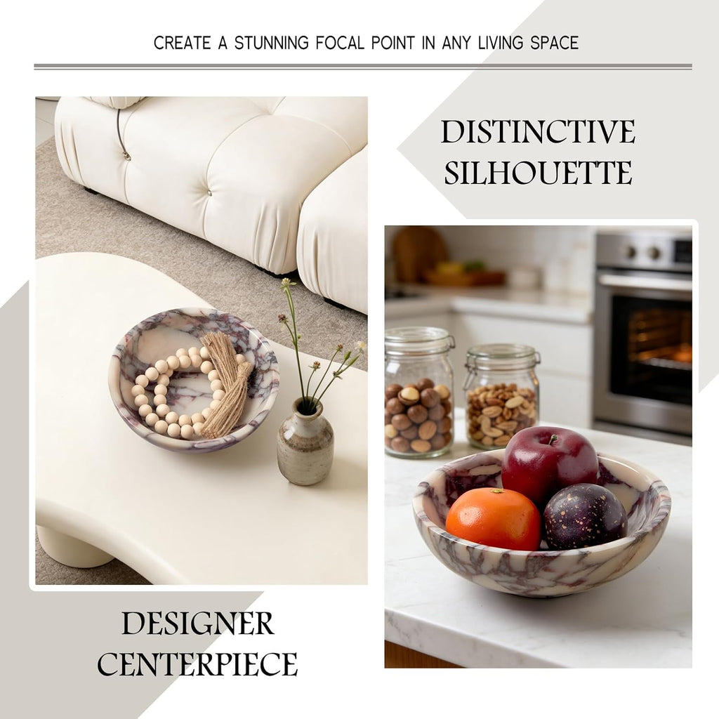 Luxury Natural Marble Fruit Bowl - Large 7.8-Inch Calacatta Viola Marble Counter Fruit Serving Holder, Decorative