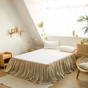 French Linen Bed Skirt with Pleated Frills 22-Inch Tailored Drop Natural Flax Cotton Blend Dust Ruffle Soft Cozy