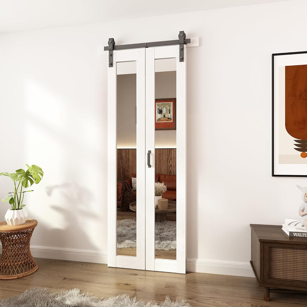 Bifold Barn Doors Mirror Closet Door, Bi fold Sliding Barn Doors with Hardware Include, Shatterproof