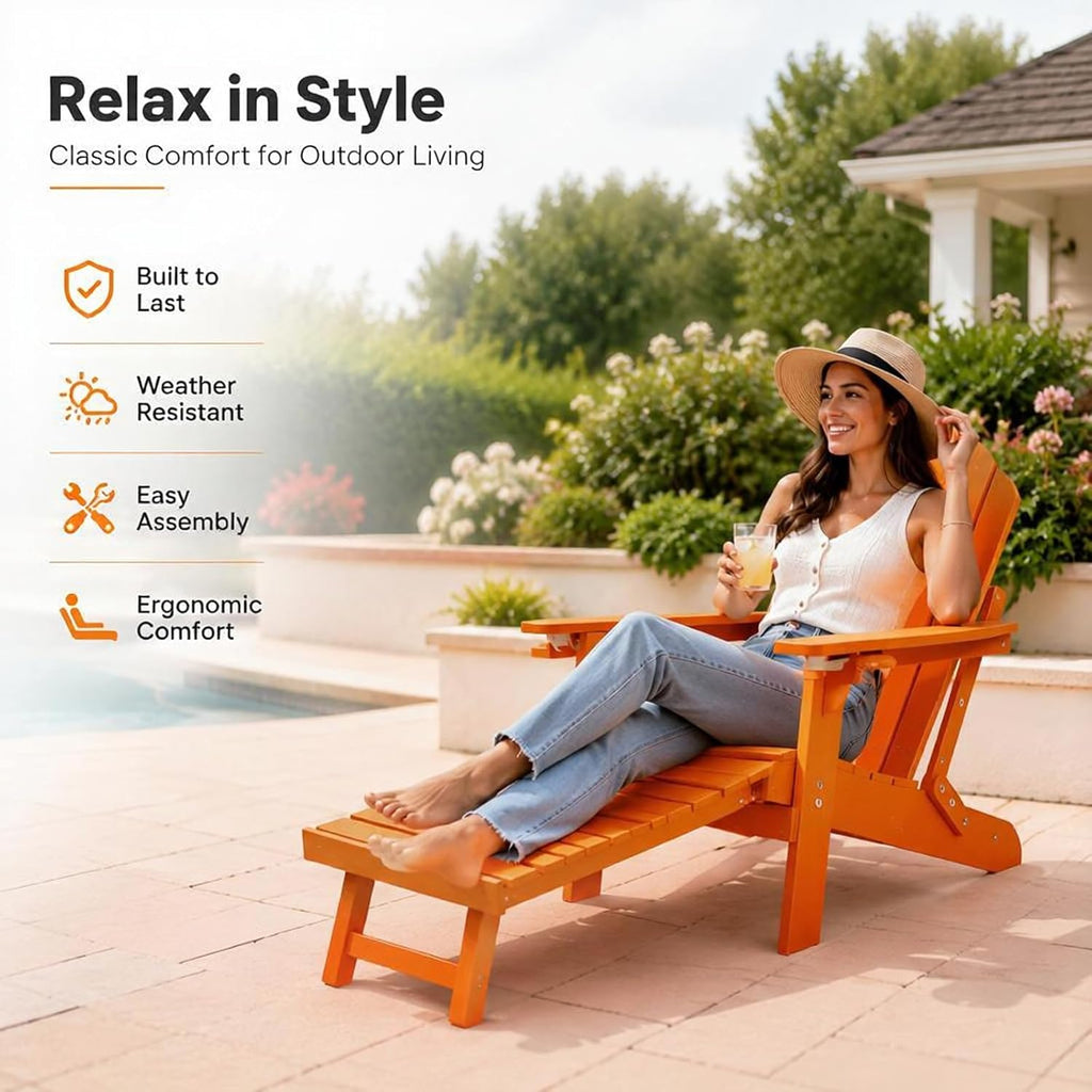 Ergonomic Adjustable Adirondack Chair with Ottoman Set of 2,Folding Adirondack Chair with 2 Cup Holder