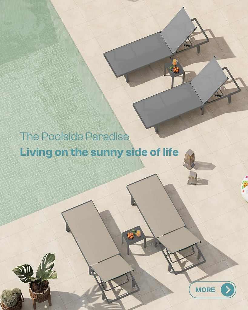Outdoor Lounge Chairs Set of 2, Aluminum Pool Lounge Chairs with Wheels and 5-Position Recliner -Easy to Move- Patio