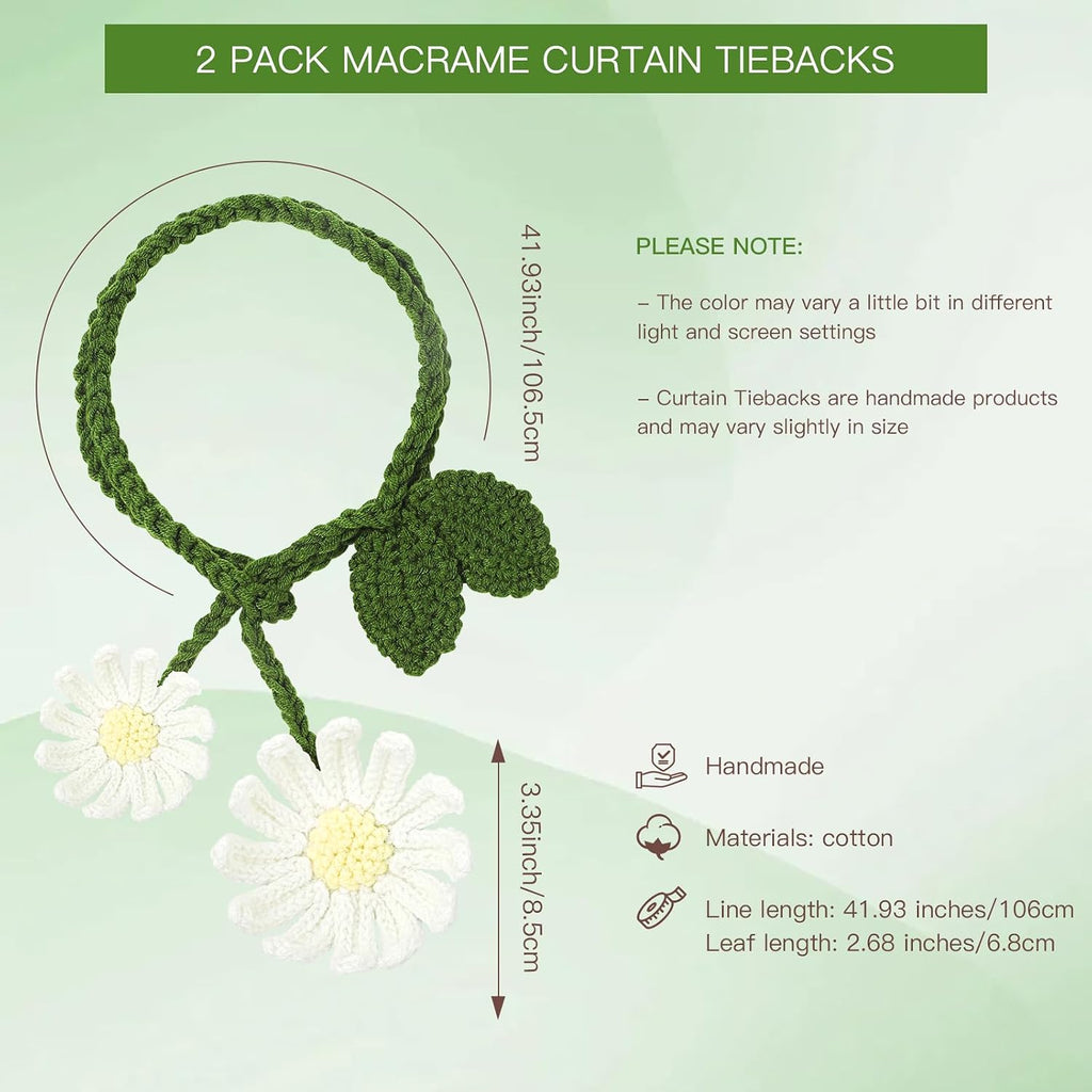 2 Pack Boho Handmade Flower Curtain Tiebacks & Holdbacks - No Drill Cotton Rope Curtain Ties, Drapery Holdback