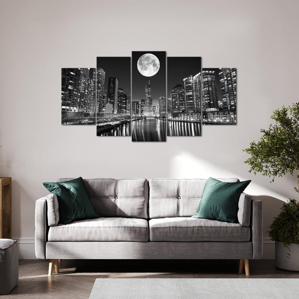 5 Panel Chicago Skyline Wall Art Cityscape at Moon Night Picture Canvas Prints Modern Black and White City Painting