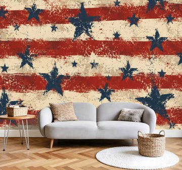 Wall Mural Peel and Stick Patriotic Stars Stripes Red White Blue Grunge Style Wallpaper Removable Self-Adhesive Large