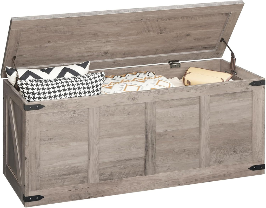 Storage Bench, 47.2"Toy Box Organizer with Safety Hinges, Farmhouse Wooden Storage Chest, Greige BG520CW01