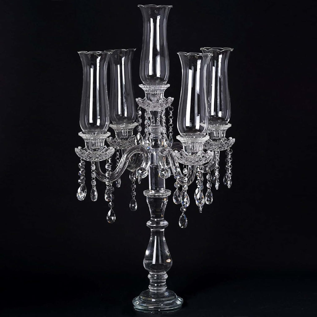 5 Arm Premium Crystal Glass Taper Candle Holder Candelabra with Chandelier Chains 32"