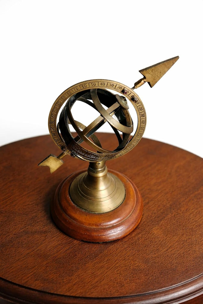 Vintage Brass Armillary Sphere Sundial Globe - Antique Nautical Desk Decor with Wooden Base, Astronomical Compass
