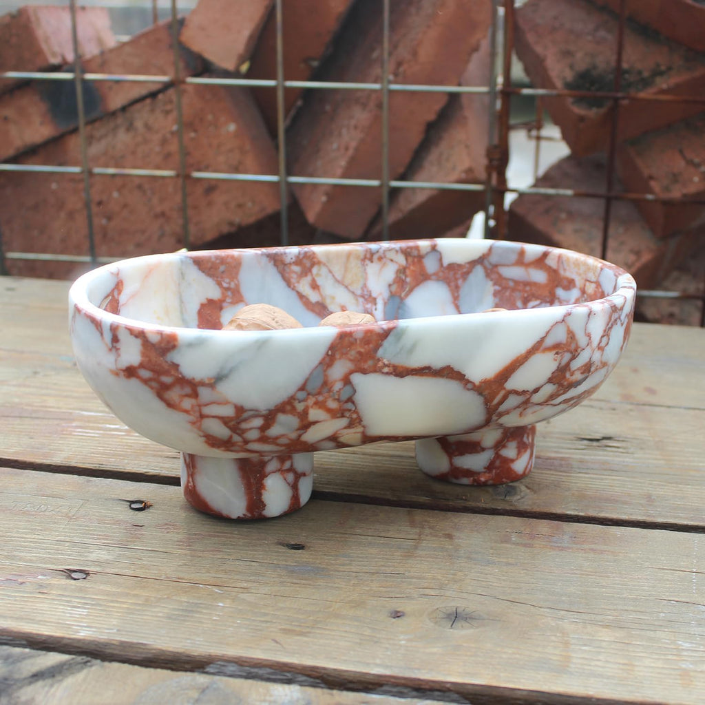 Natural Oval Calacatta Red Marble Fruit Bowl Counter 10", Large Decorative Bowl Two-Legs Decor, Fruits Holder For