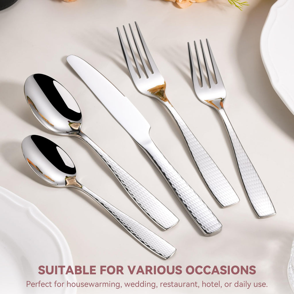 40 Piece Hammered Silverware Set for 8, 18/10 Stainless Steel Flatware