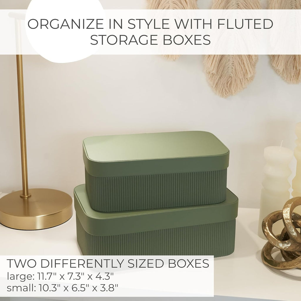 Decorative Storage Boxes with Lids - Set of 2 Beautiful Fluted Photo Organizer Bins for Your Home Bookshelf Decor to