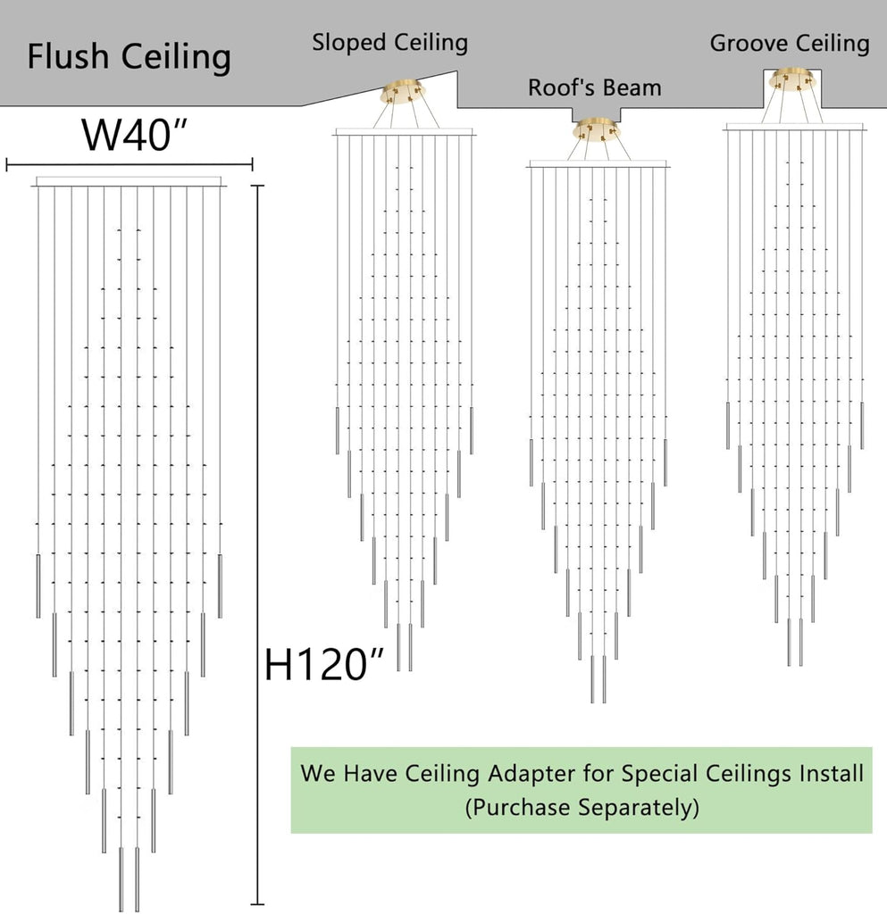 W40 x H120 Glam Chandelier with LED Bulbs Crystal Raindrop High Ceiling Pendant Light for Entrance Large Villa Chandelier Foyer Lighting Fixtures Gold