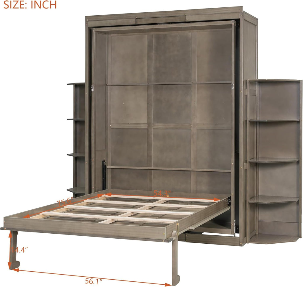 Full Murphy Bed with Convertible Desk&Dual 3-Tier Side Shelves&Extra Storage Racks, Wooden Rotating Hidden Wall