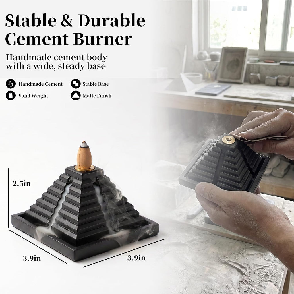 Pyramid Backflow Incense Burner Gift Set, Black Cement, 40 Cones