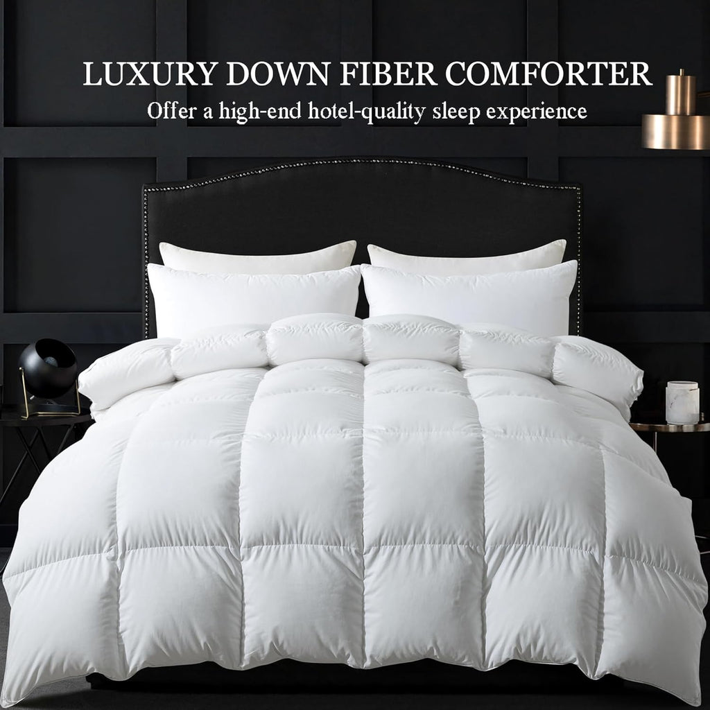 Feather Comforter Queen, Filled with Feather and Downfiber, All Season White Luxury Hotel Fluffy Bed