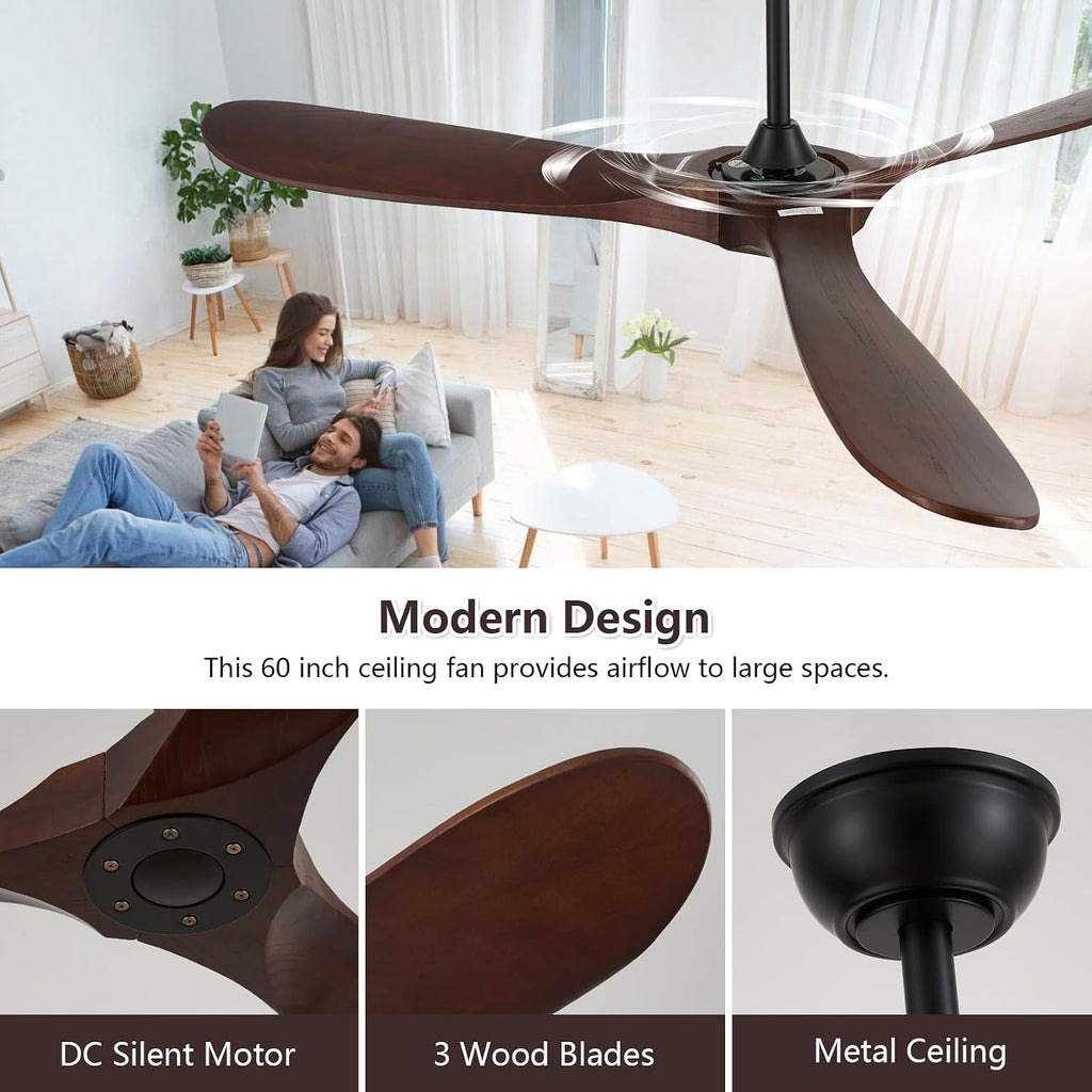 60'' Solid Wood Blades Ceiling Fan without Light,Quiet and Large Airflow with Speed Memory Function