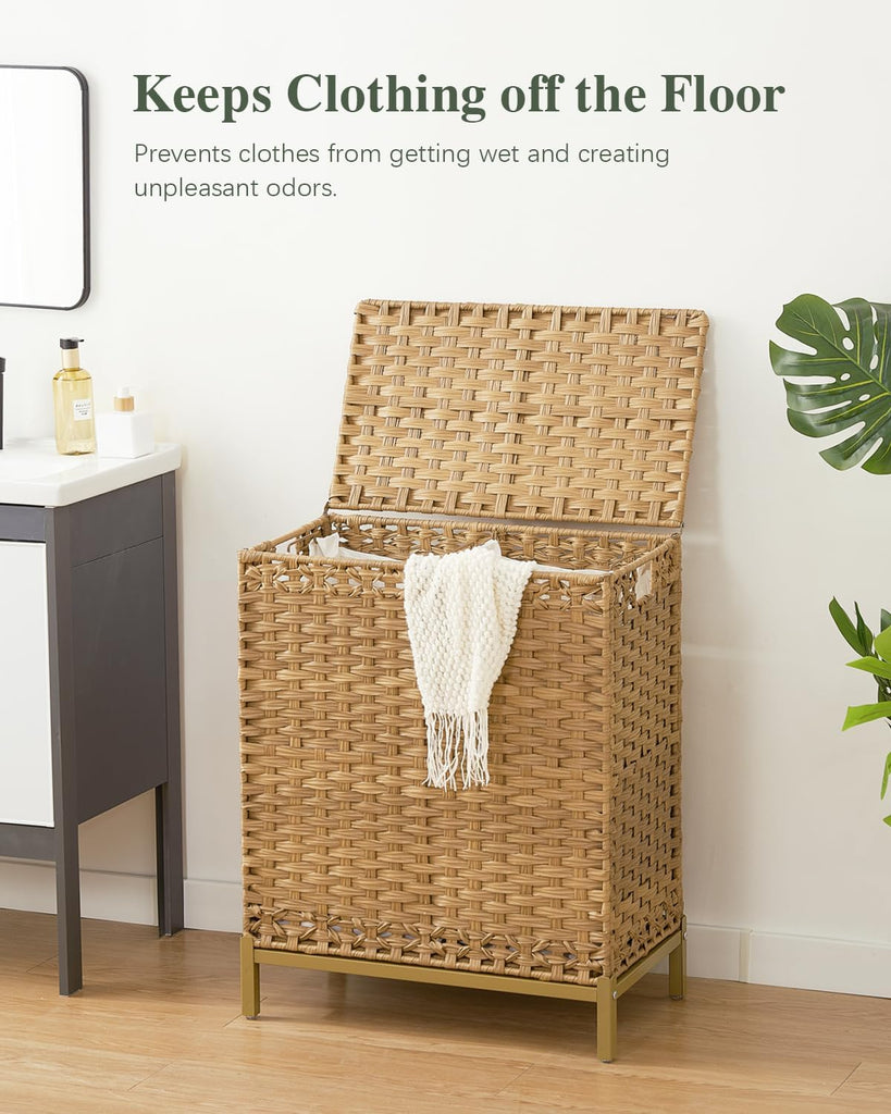 Laundry Hamper with Lid, 112 L Handwoven Rattan Wicker Laundry Basket, 2 Removable Liner Bags Metal Heightened Feet